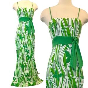 Miss Shaheen Vintage Hawaiian Butterfly Print Green Maxi Dress Column Gown 10